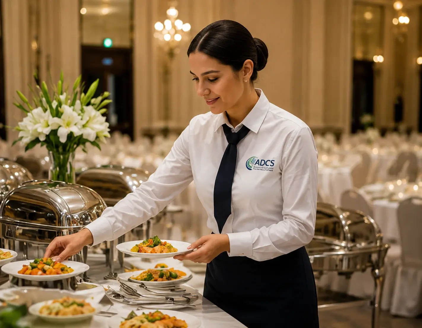ADCS banquet server arranging plated dishes in a premium event hall