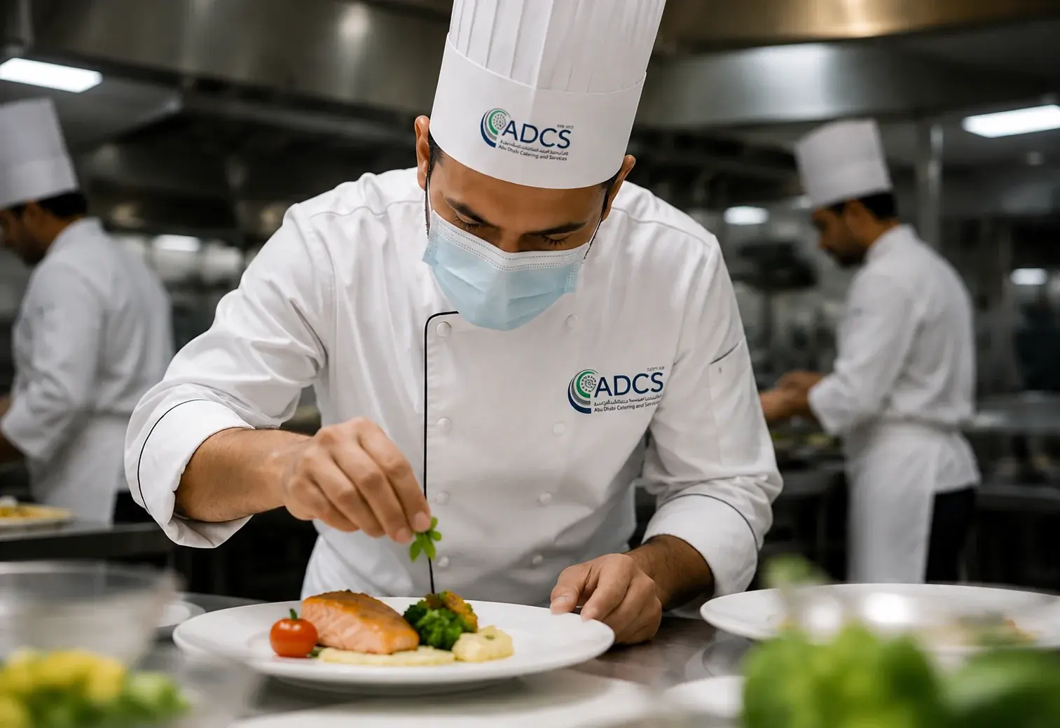 ADCS chef plating a dish with precision in the central production kitchen