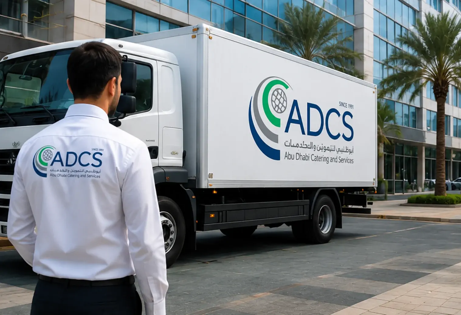ADCS delivery driver and truck arriving at a client site in Abu Dhabi