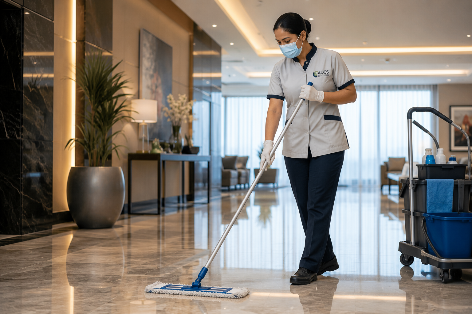 ADCS housekeeping professional mopping a polished commercial interior