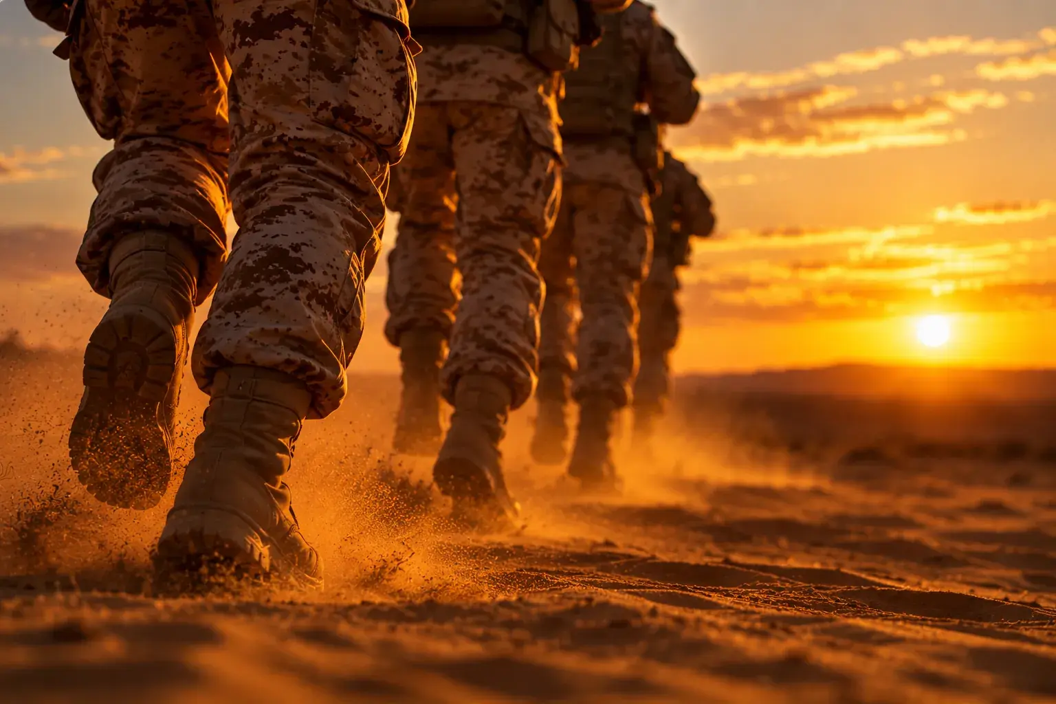 Personnel in desert camouflage walking across sand at sunset
